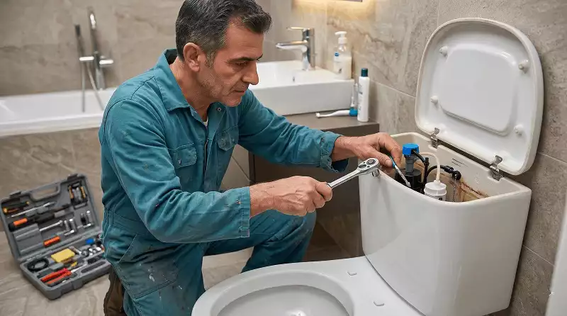 Mavi tulumlu tesisat ustası, banyoda seramik klozetin rezervuar iç takımını el aletleri kullanarak dikkatlice tamir ediyor.