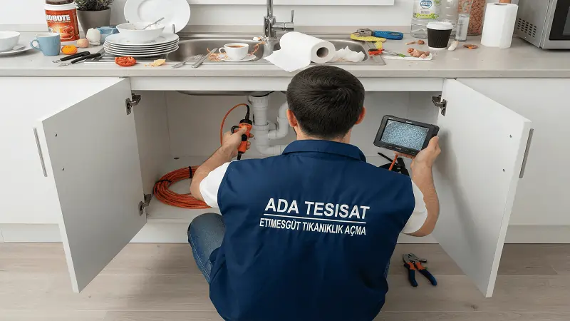 Etimesgut'ta bir mutfak tezgahı altında, tıkanmış lavabo giderini kırmadan robot cihaz ve kameralı sistemle açan Ada Tesisat ustası.