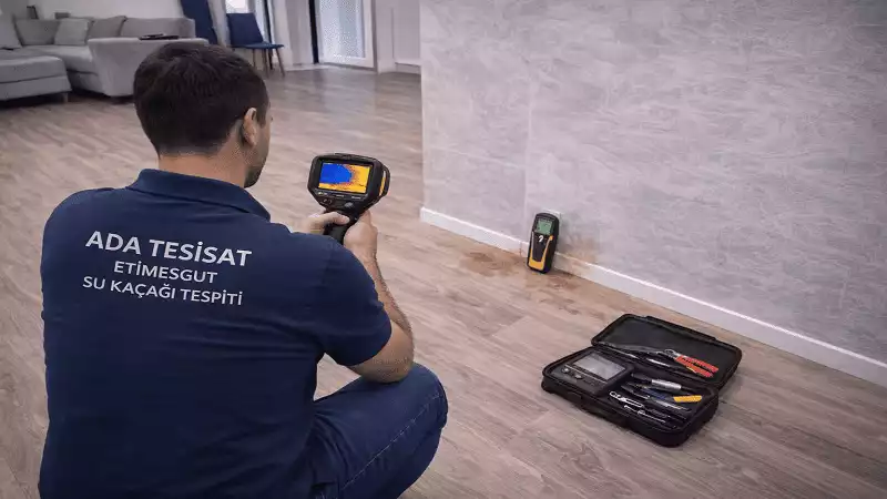 Etimesgut su kaçağı tespiti hizmetinde uzman tesisat ustası, termal kamera ile duvardaki gizli su sızıntısını kırmadan tespit ediyor.